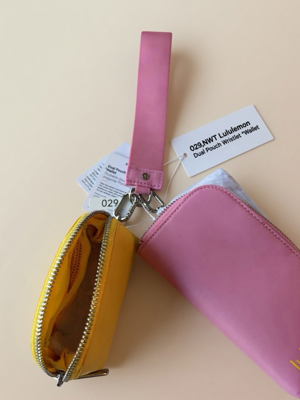 029,NWT Authentic lululemon pink and yellow dual pouch wristlet *Wallet. - Picture 4 of 10